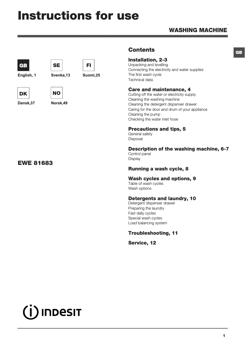 Page n°1 - Manuel utilisateur Indesit EWE 81683 W EU