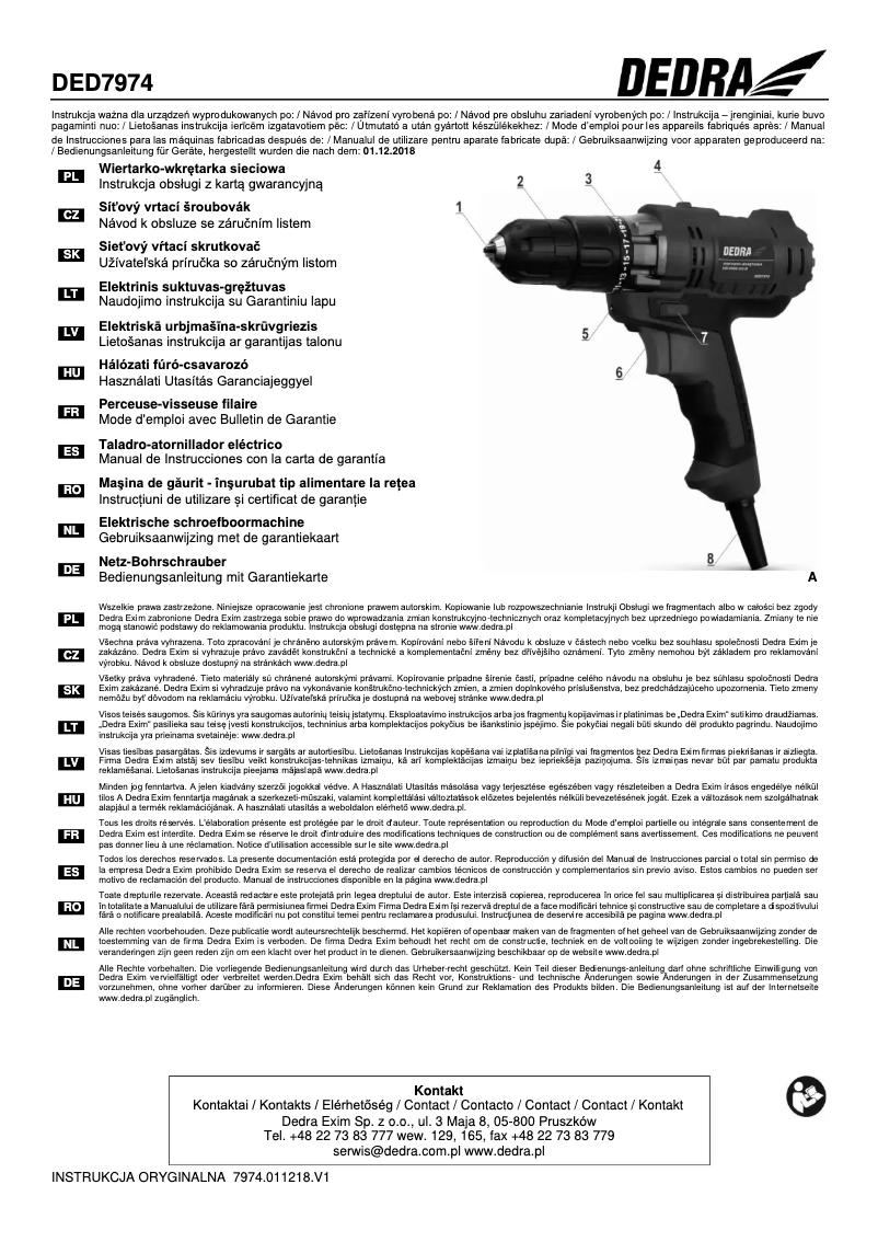 Page n°1 - Manuel utilisateur DEDRA DED7974