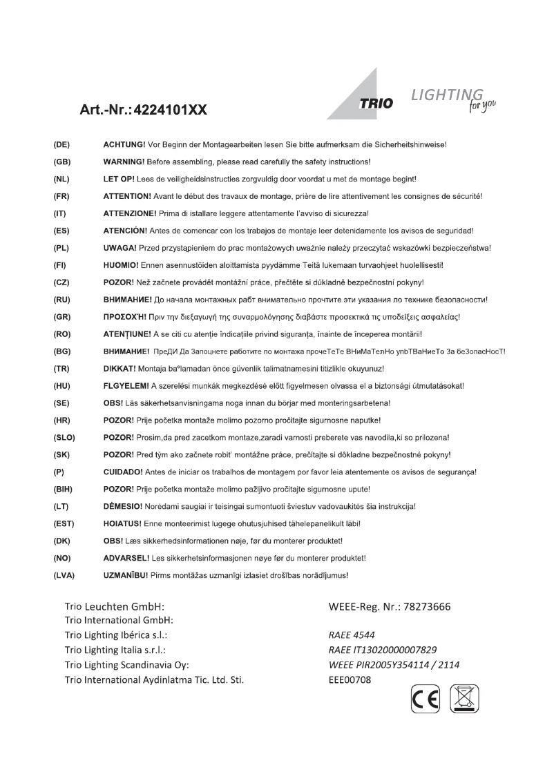 Page 1 de la notice Manuel utilisateur Trio Lighting Calcio 422410108