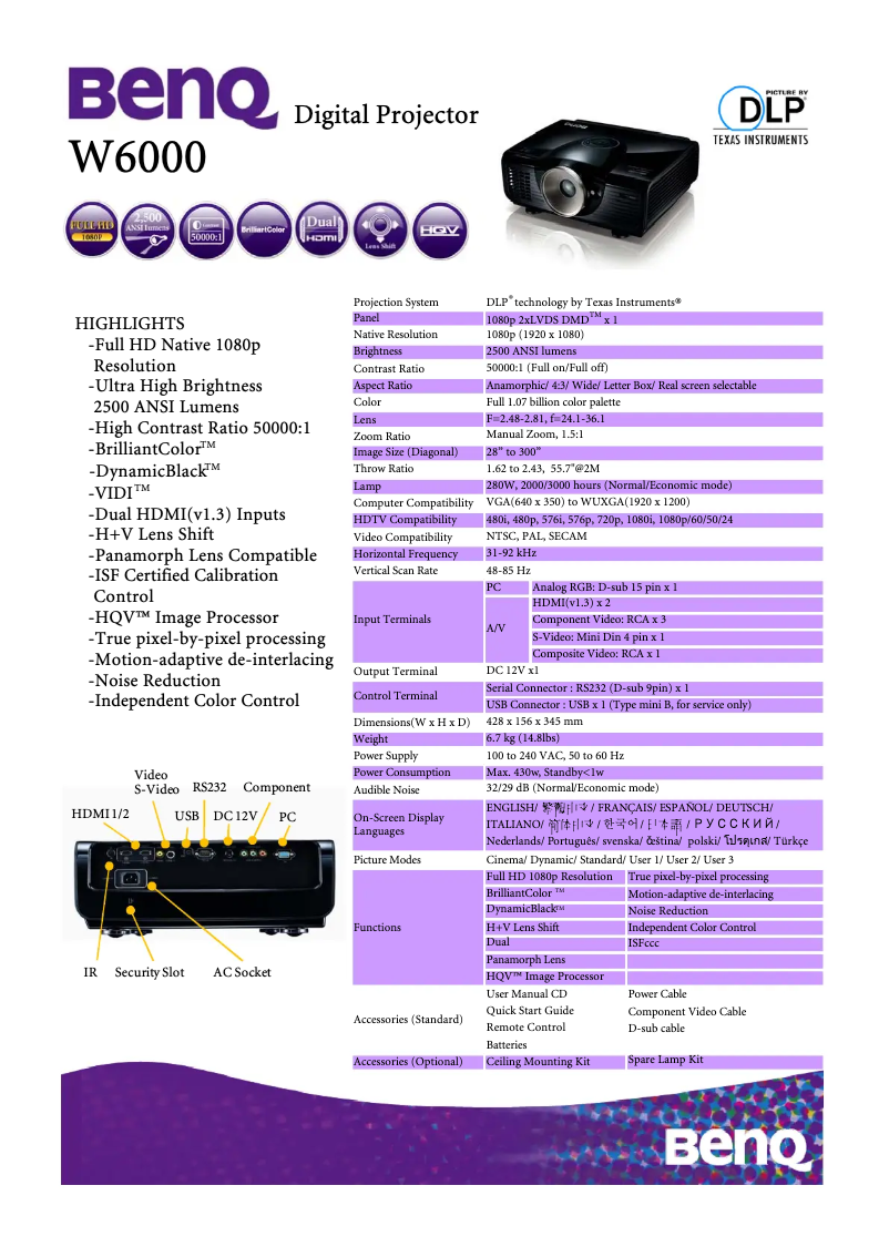 Page 1 de la notice Fiche technique BenQ W6000