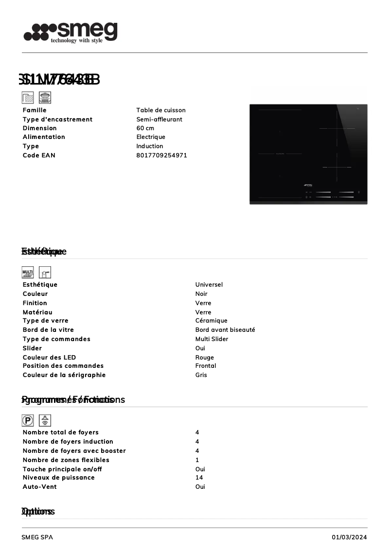 Page n°1 - Fiche technique Smeg SI1M7643B