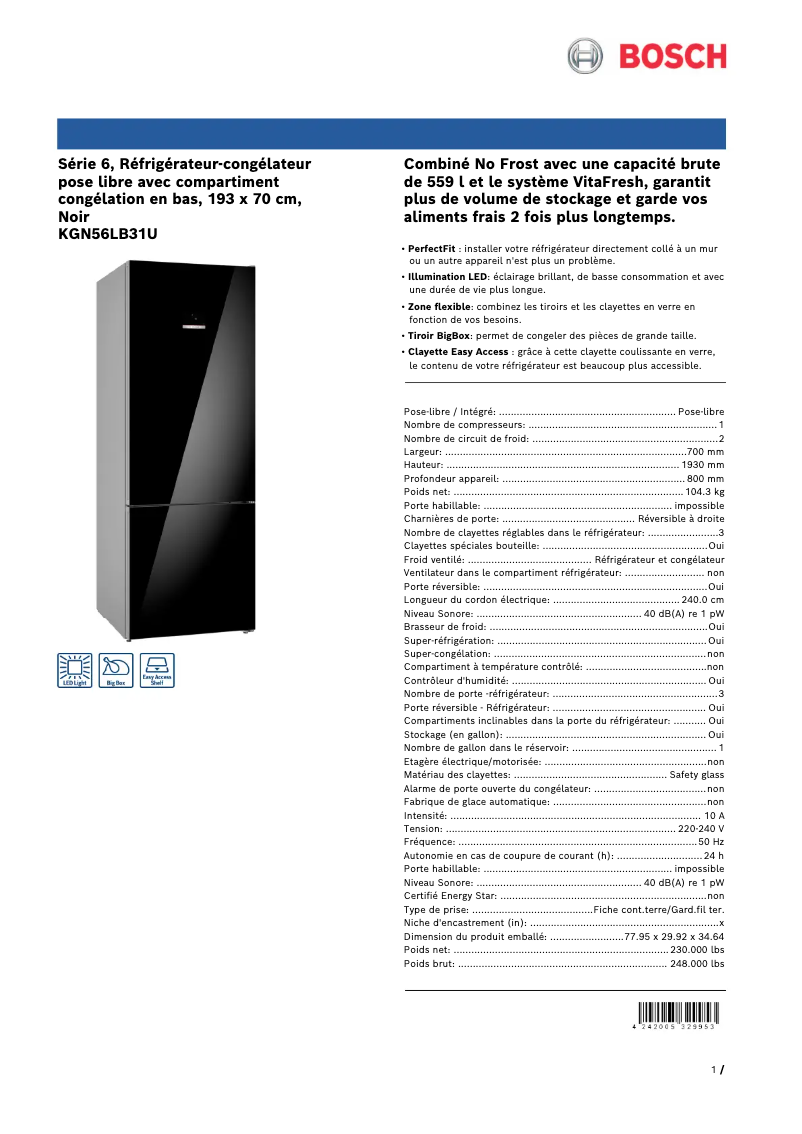 Page 1 de la notice Fiche technique Bosch KGN56LB31U