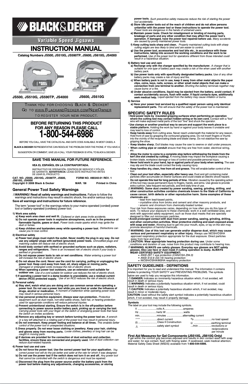 Page 1 de la notice Manuel utilisateur Black & Decker JS610GK