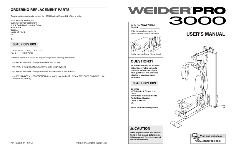 Page n°1 - Manuel utilisateur Weider Pro 3000
