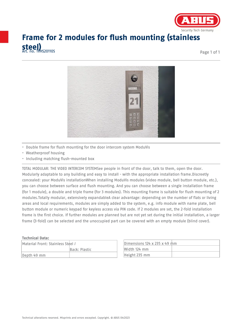 Page n°1 - Fiche technique Abus TVHS20110S