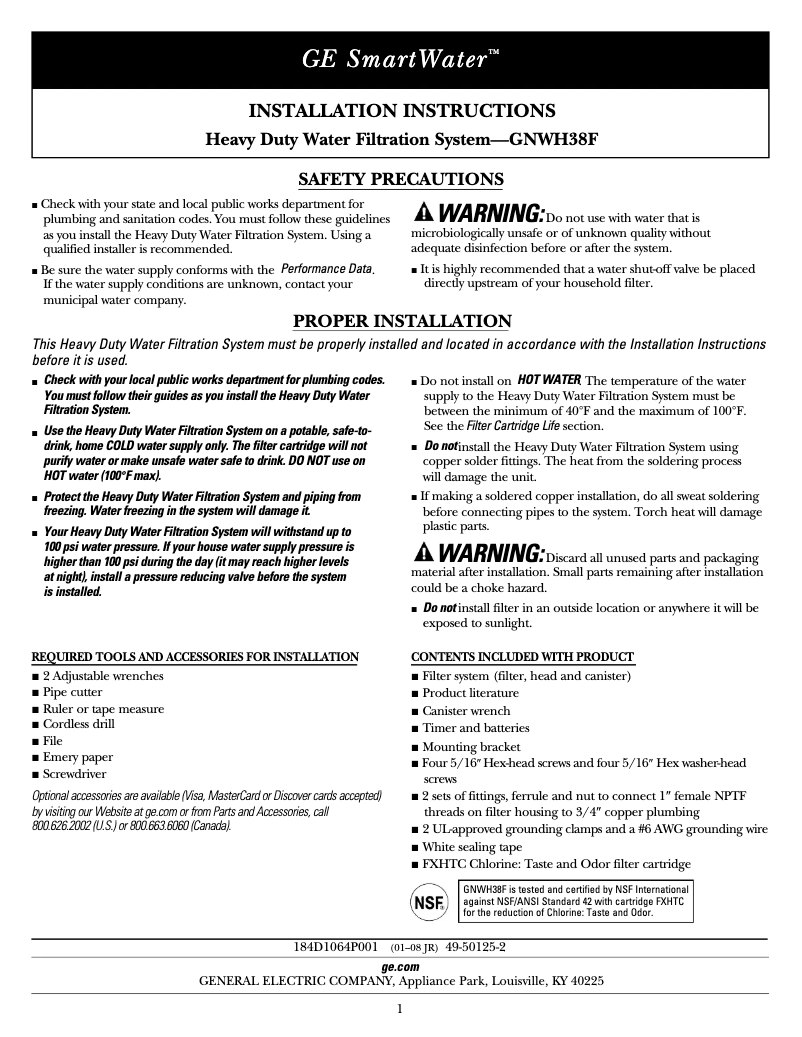 First page image of the manual for GNWH38F