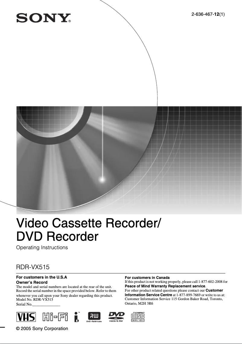 Page n°1 - Manuel utilisateur Sony RDR-VX515
