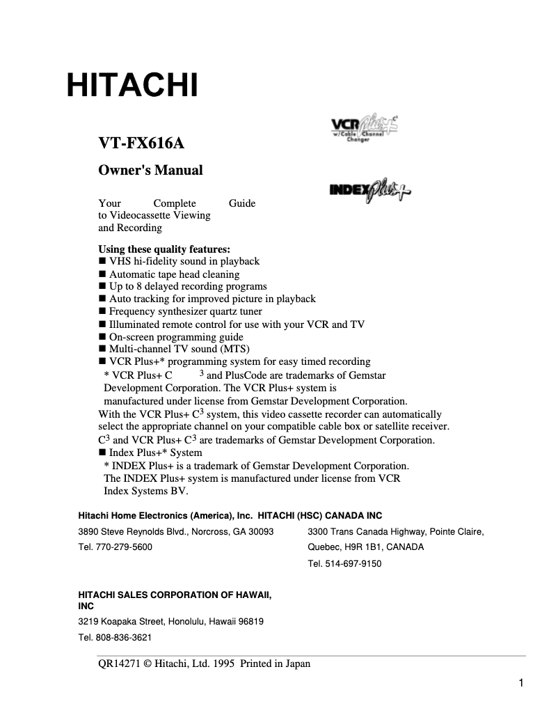 Page n°1 - Manuel utilisateur Hitachi VT-FX616A