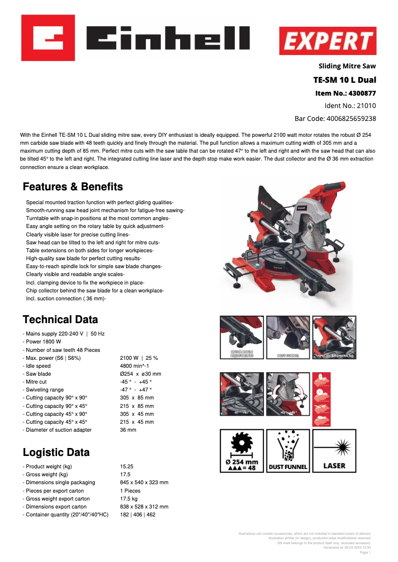 Page 1 de la notice Fiche technique Einhell TE-SM 10 L Dual