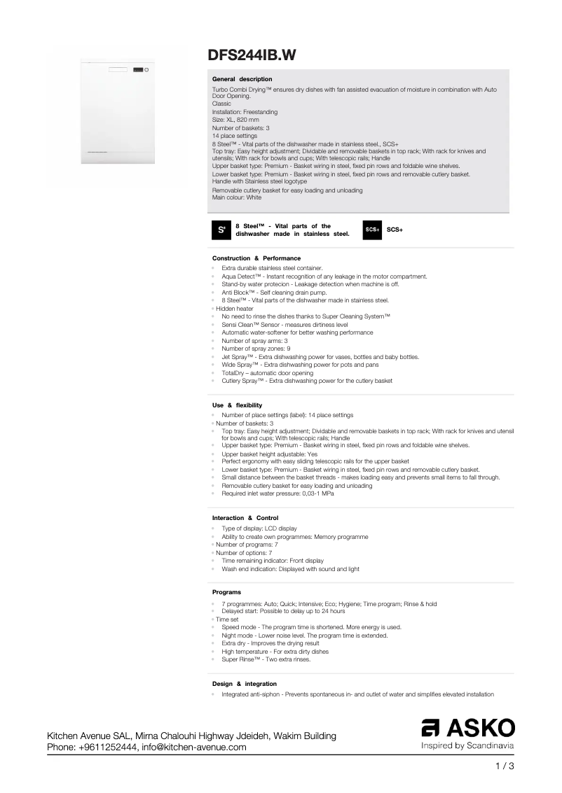 Page n°1 - Fiche technique Asko DFS244IBW
