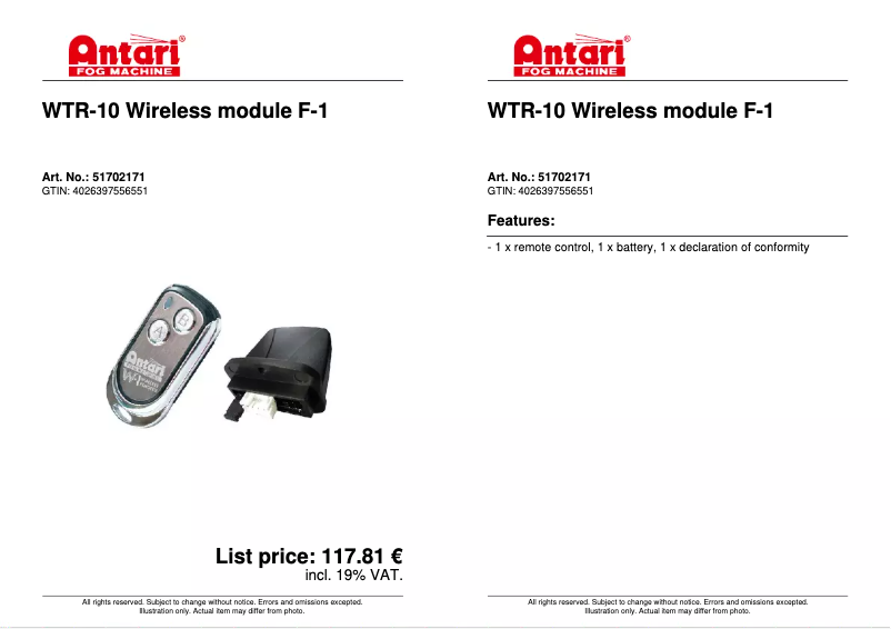 Page 1 de la notice Fiche technique Antari WTR-10