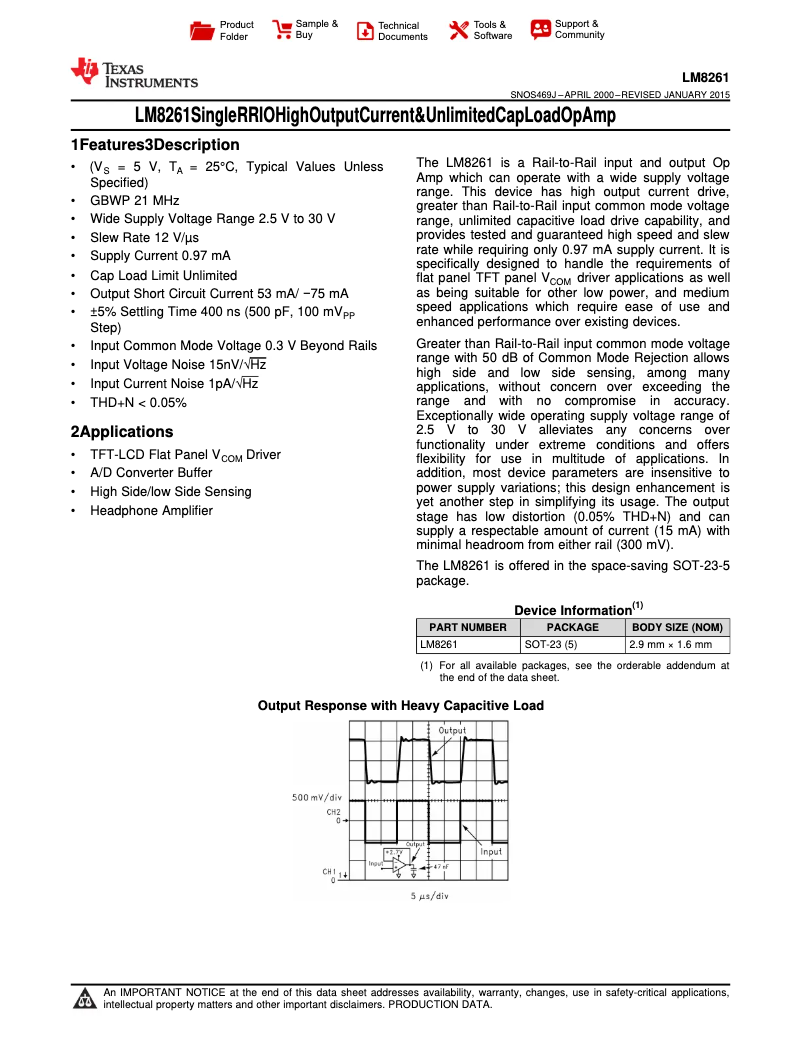 Page 1 de la notice Manuel utilisateur Texas Instruments LM8261M5X/NOPB