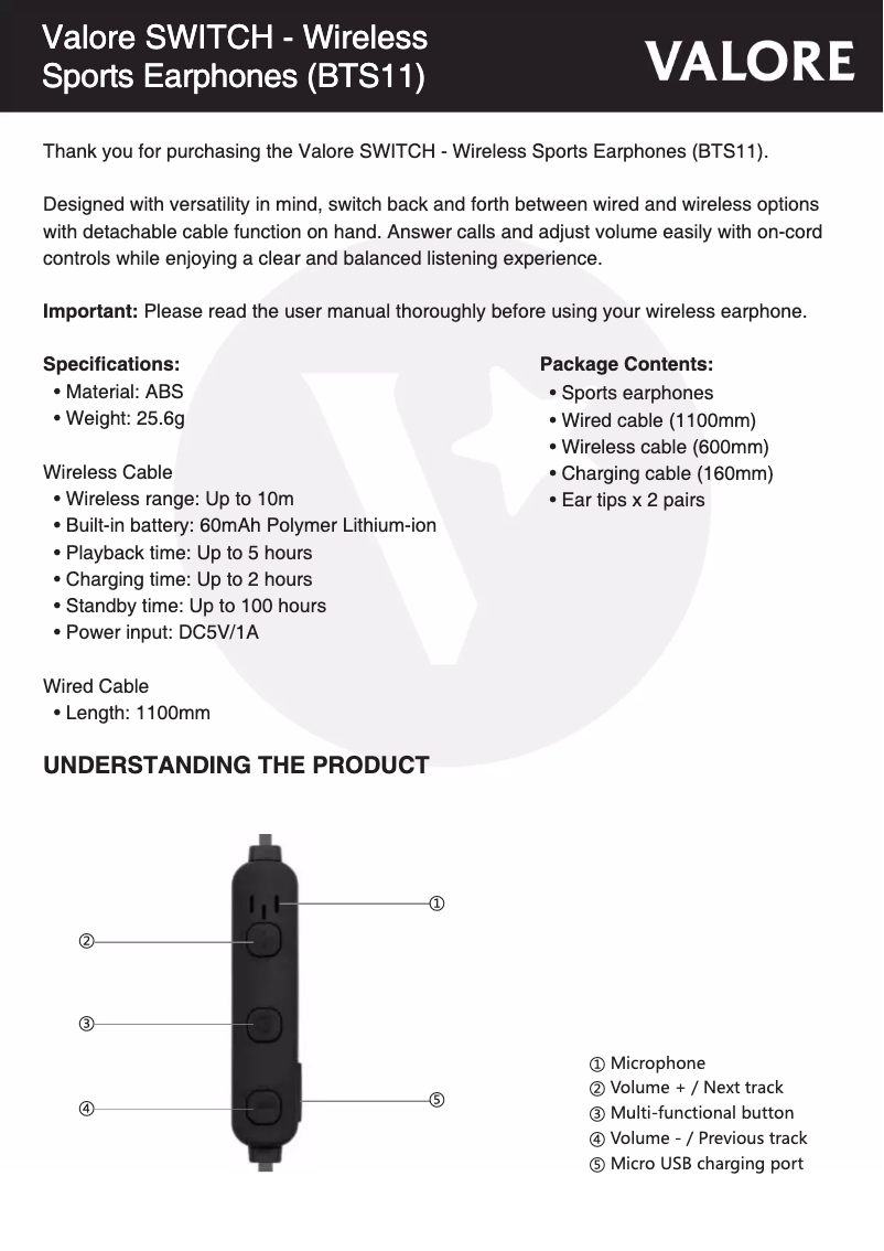 Page 1 de la notice Manuel utilisateur Valore BTS11