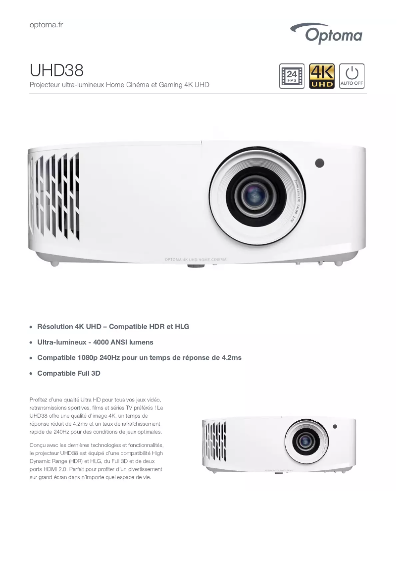 Page n°1 - Fiche technique Optoma UHD38