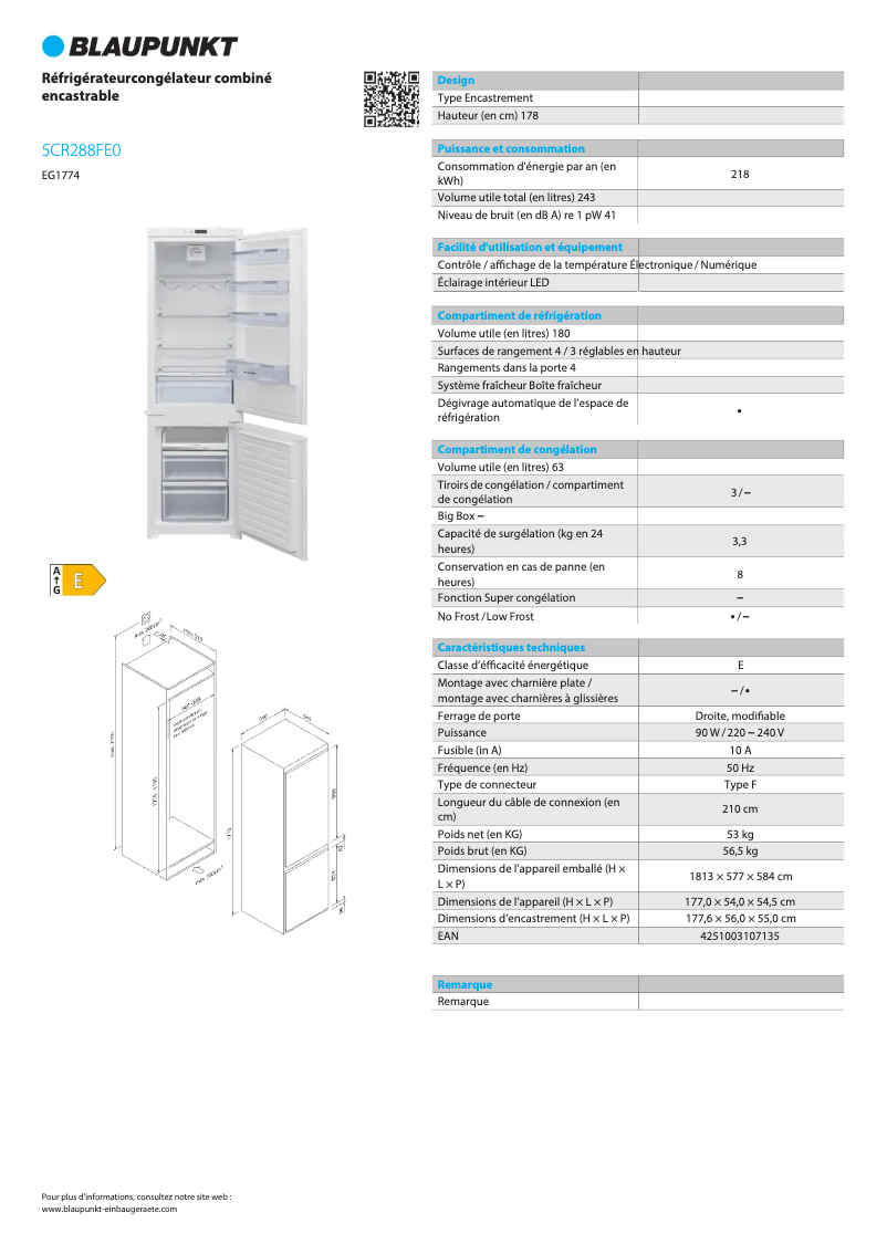 Página 1 del manual Ficha técnica Blaupunkt 5CR288FE0