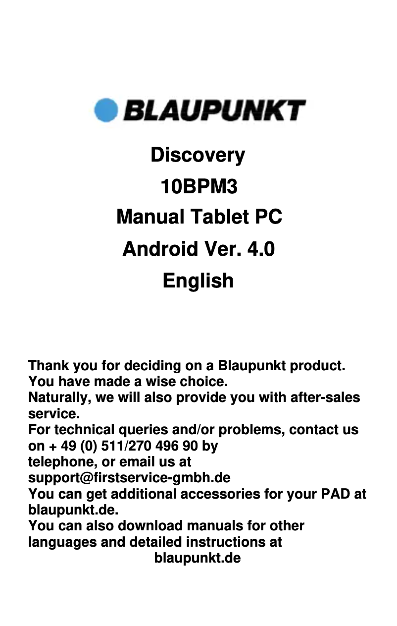 Page 1 de la notice Manuel utilisateur Blaupunkt Discovery 10BPM3