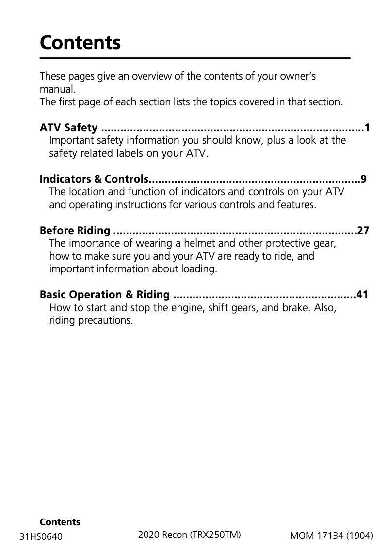 Page n°1 - Manuel utilisateur Honda Recon (2020)