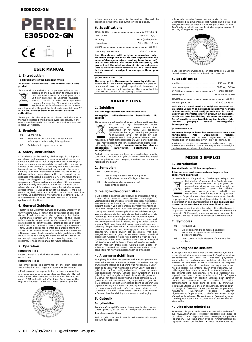 Page 1 de la notice Manuel utilisateur Perel E305DO2-GN