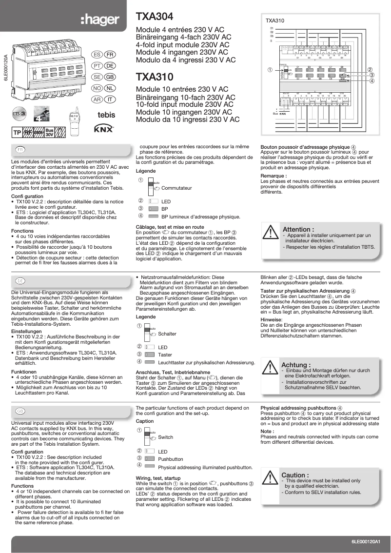 Page 1 de la notice Manuel utilisateur Hager TXA304