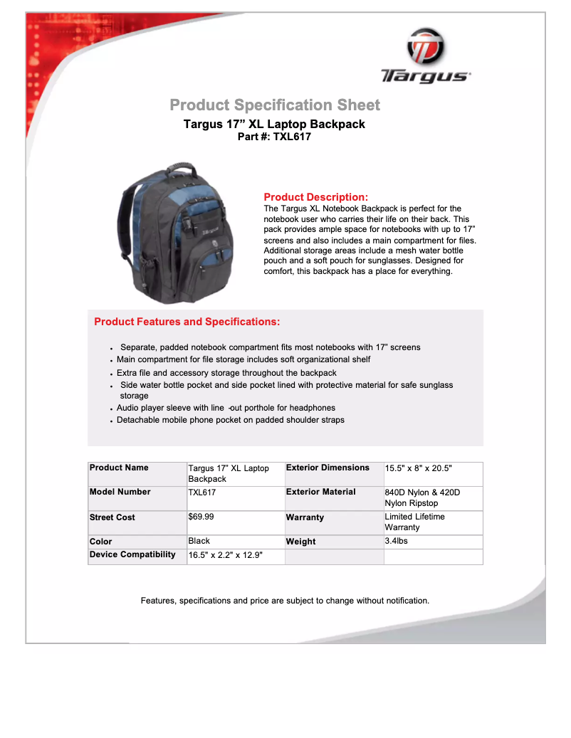 Page 1 de la notice Manuel utilisateur Targus TXL617