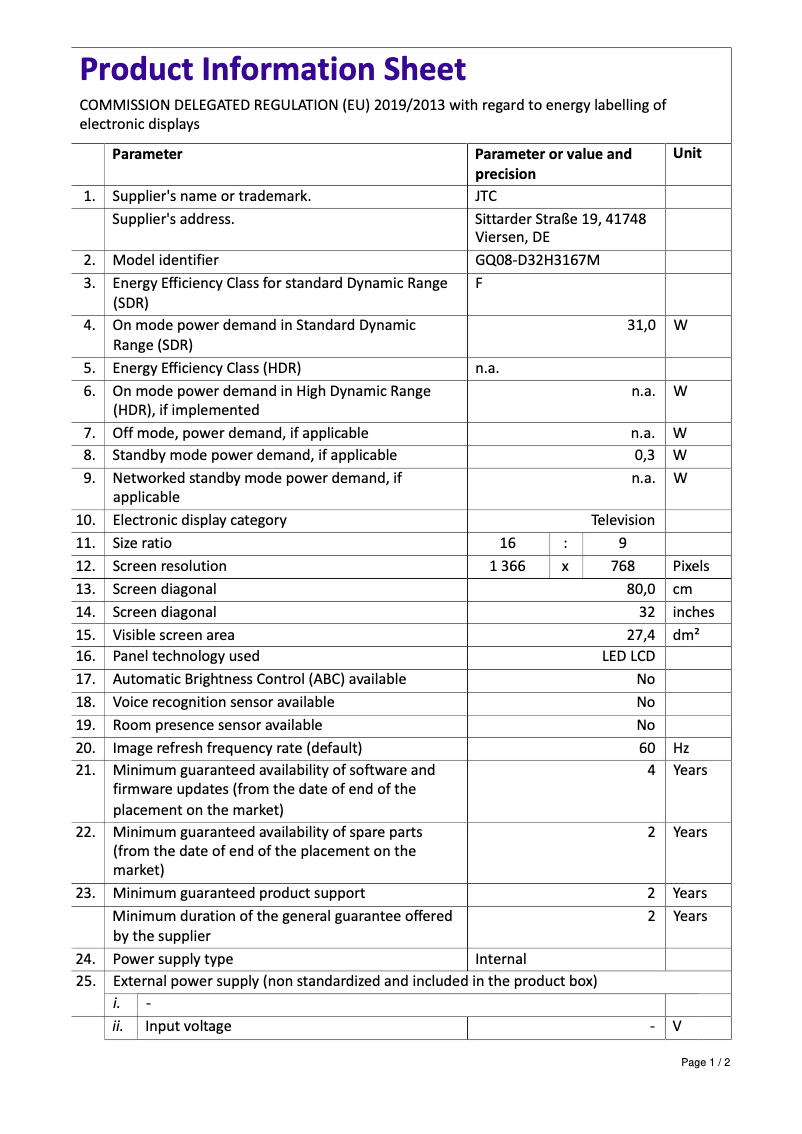 Page n°1 - Manuel utilisateur Jay-Tech D32H3167M