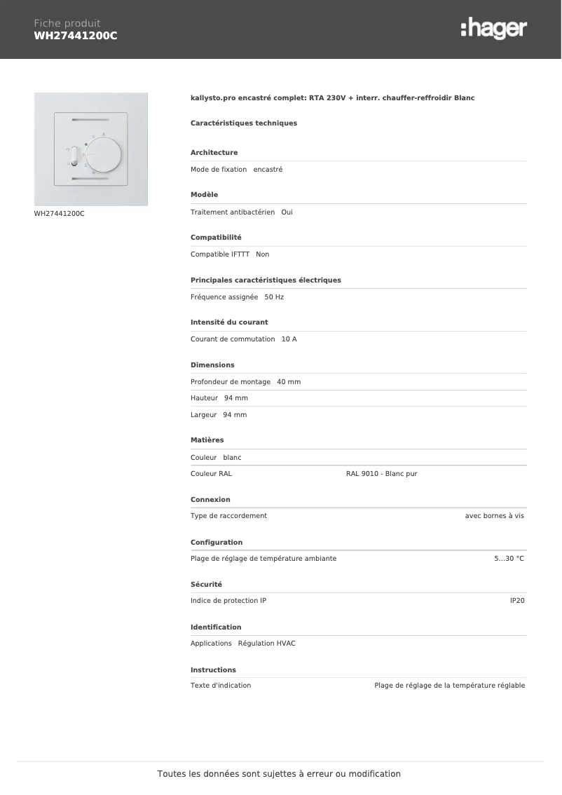 Page n°1 - Fiche technique Hager WH27441200C