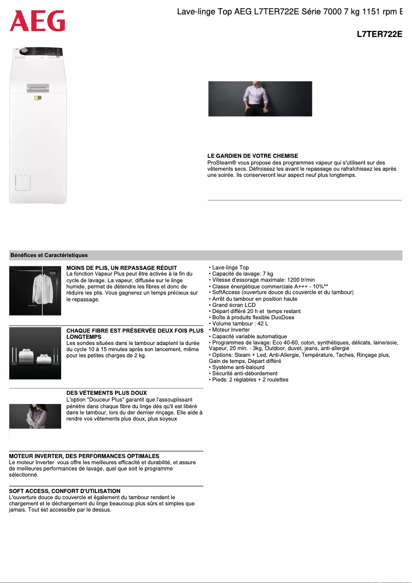 Page 1 de la notice Fiche technique AEG L7TER722E