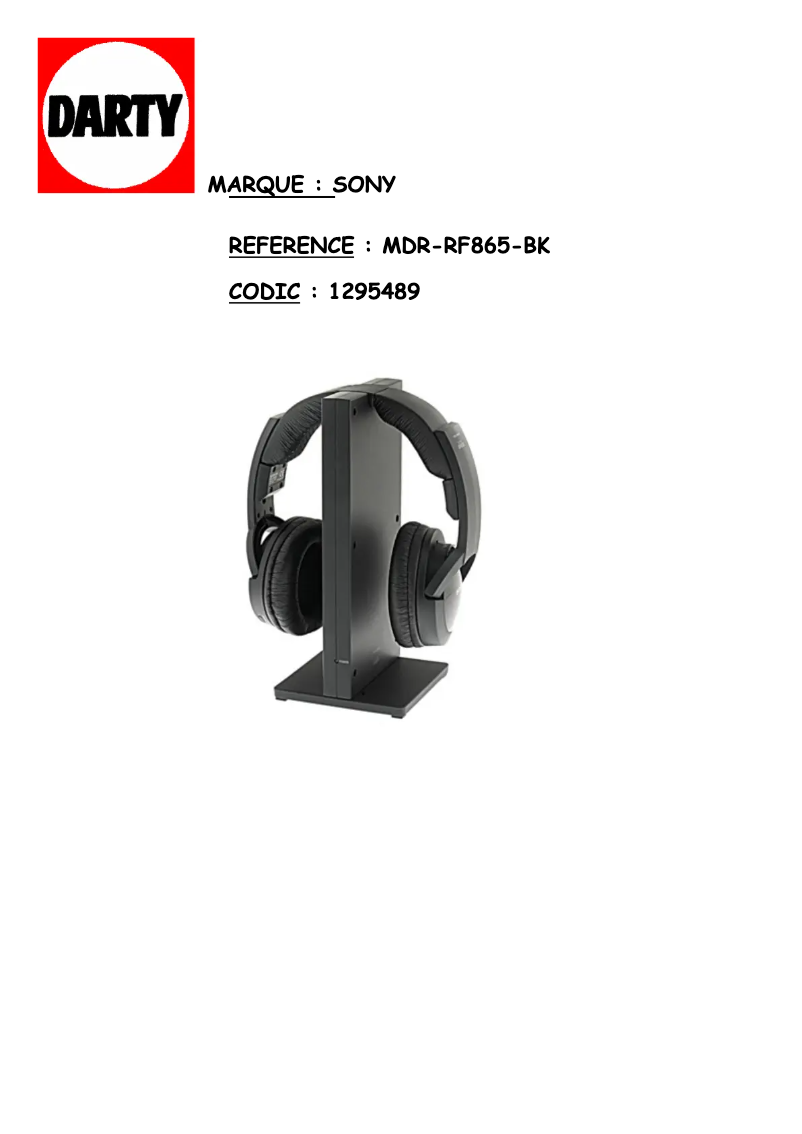 Page 1 de la notice Manuel utilisateur Sony MDR-RF865RK