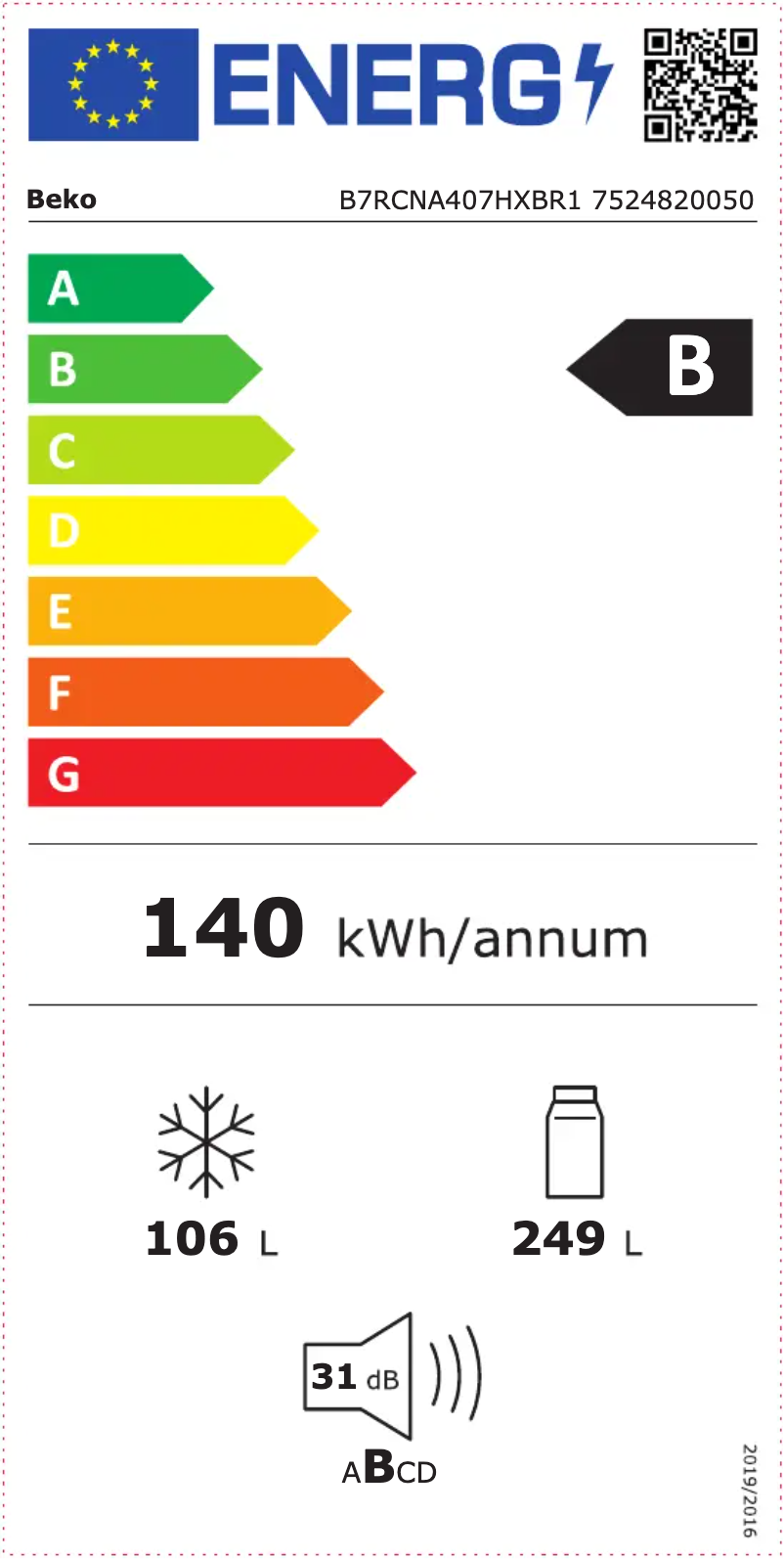 Page 1 de la notice Label énergétique Beko B7RCNA407HXBR1