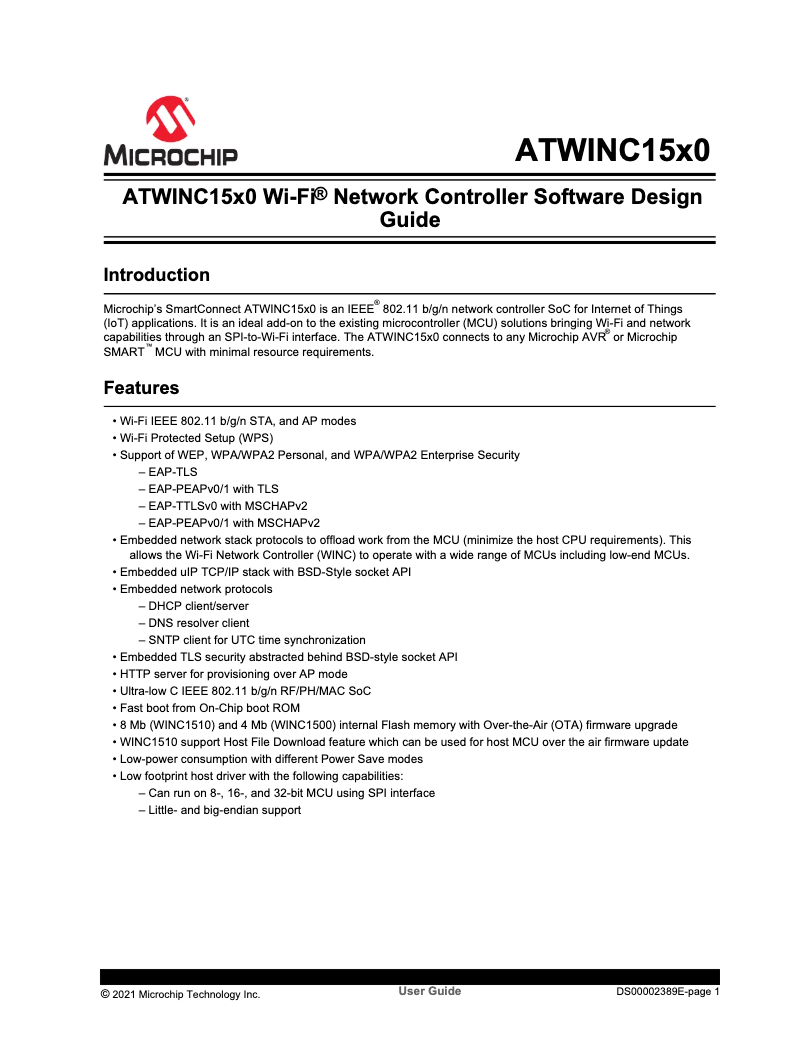 Page 1 de la notice Manuel utilisateur Microchip ATWINC1500