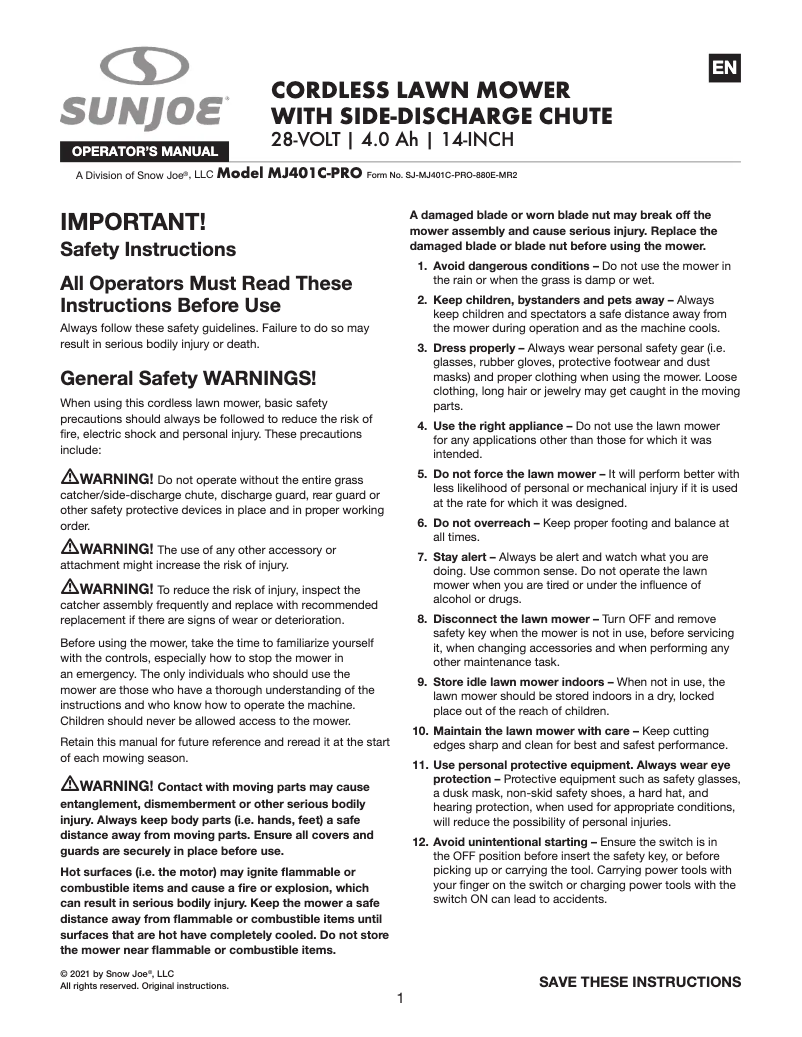 Page 1 of the manual User Manual Sun Joe MJ401C-PRO