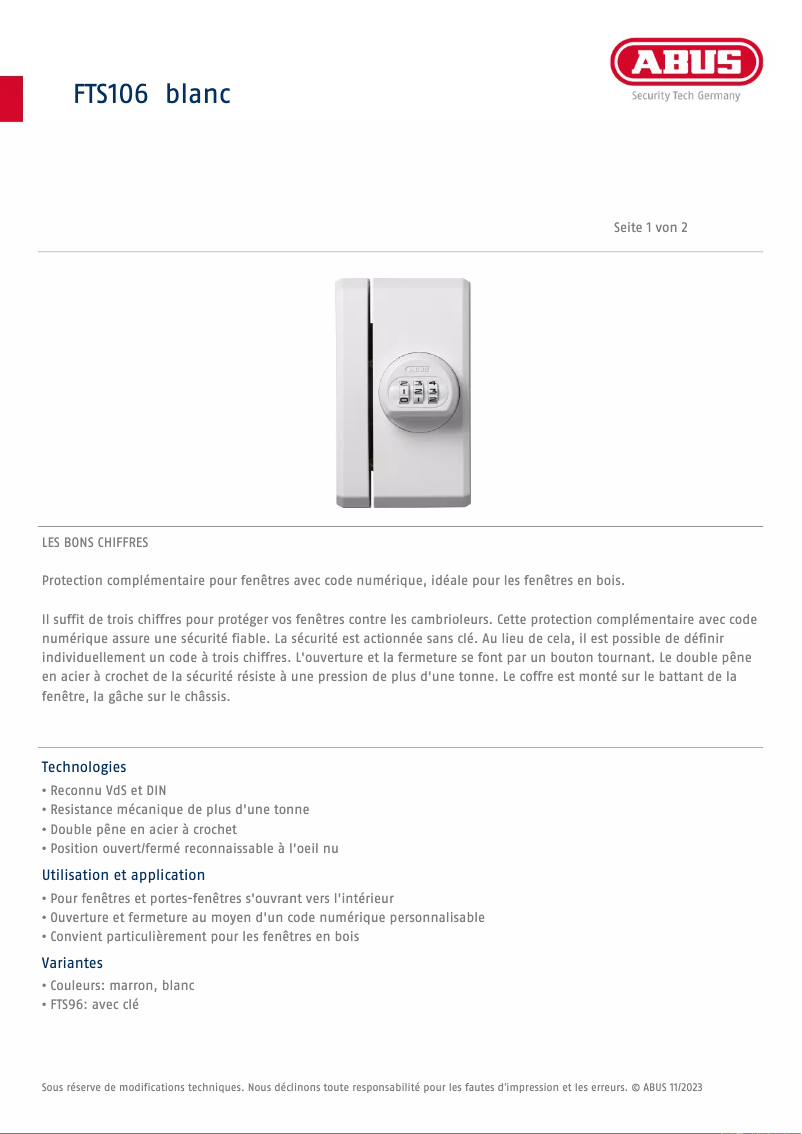 Page n°1 - Fiche technique Abus FTS106