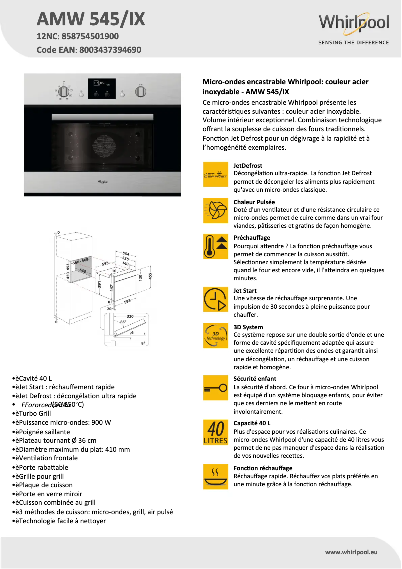 Page 1 de la notice Fiche technique Whirlpool AMW 545