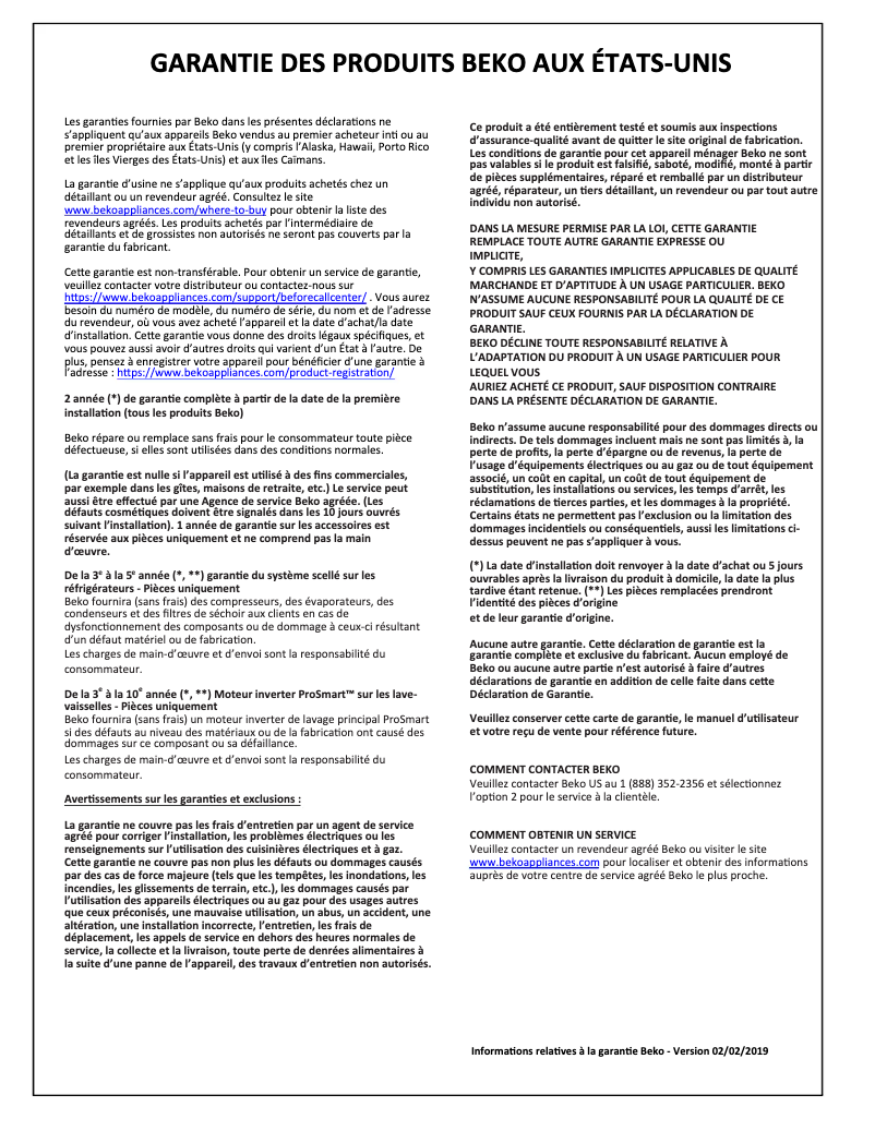 Page 1 de la notice Informations de garantie Beko PRGRT30500SS