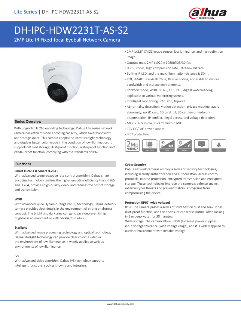 Page 1 de la notice Fiche technique Dahua Technology IPC-HDW2231T-AS-S2