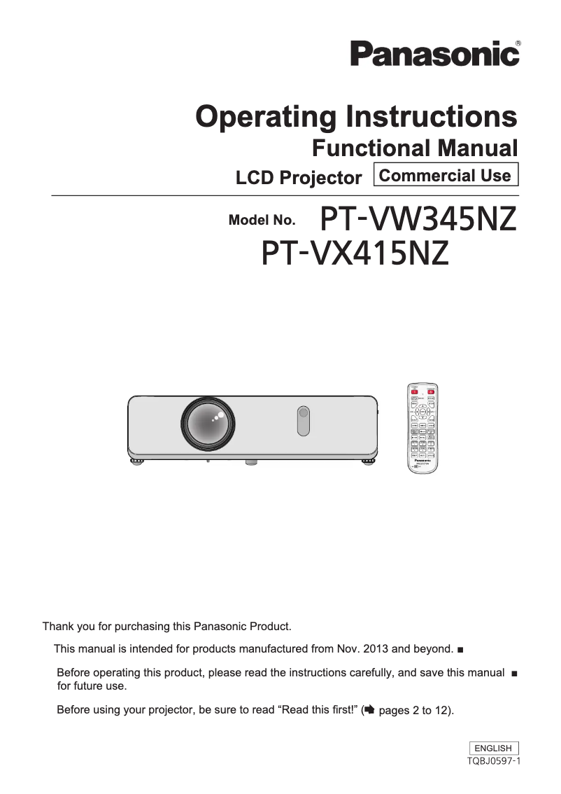 Page n°1 - Manuel utilisateur Panasonic PT-VW345NZE
