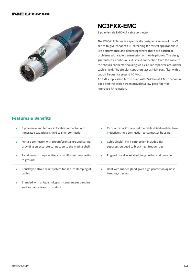 Page 1 de la notice Fiche technique Neutrik NC3FXX-EMC