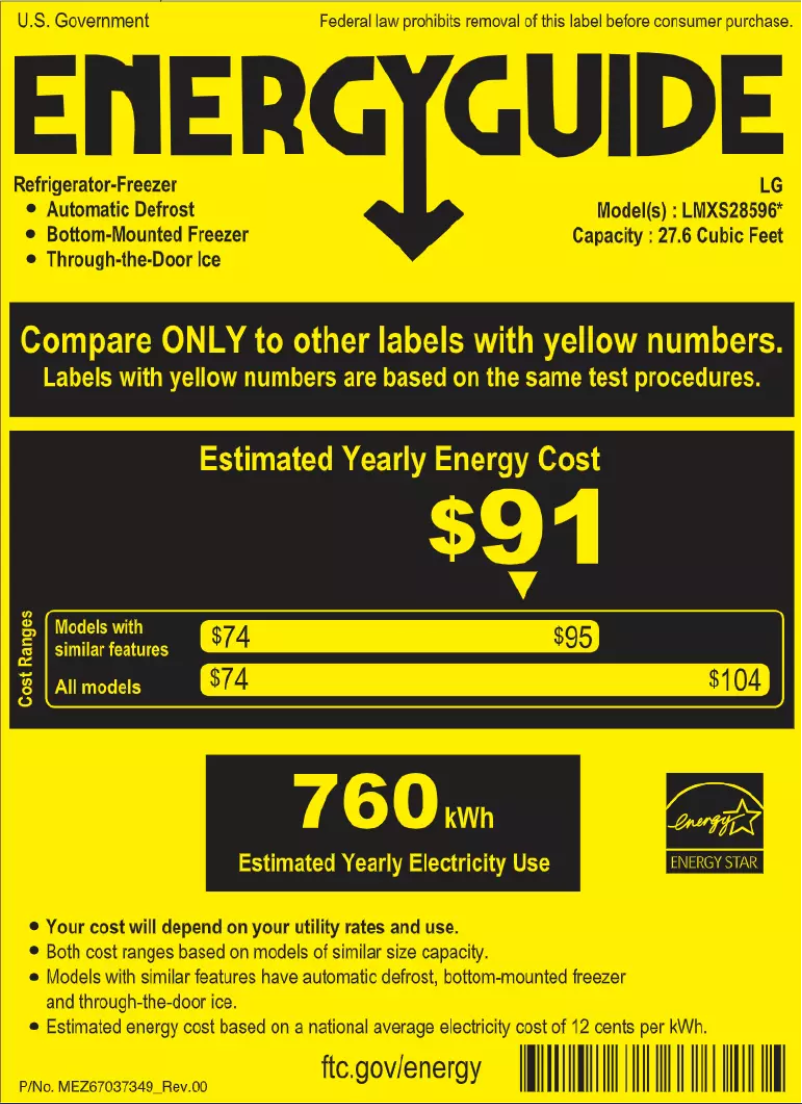 Page 1 de la notice Label énergétique LG LMXS28596S