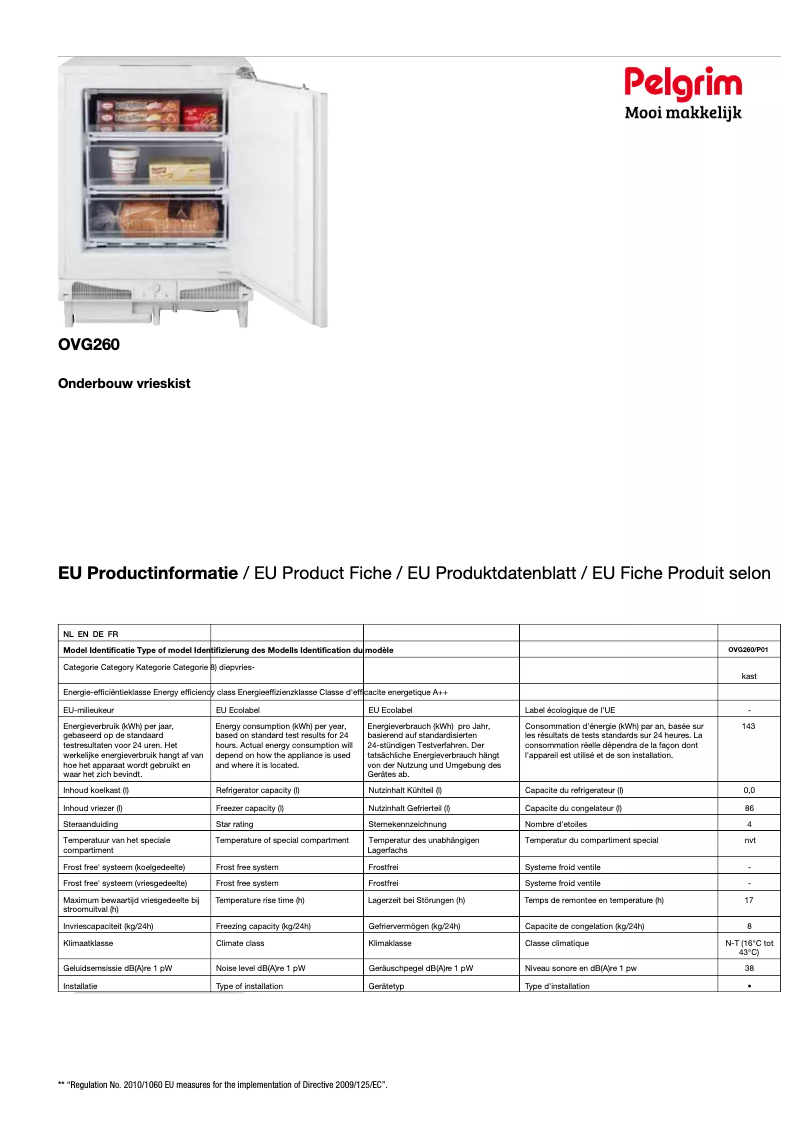 Page 1 de la notice Fiche technique Pelgrim OVG260