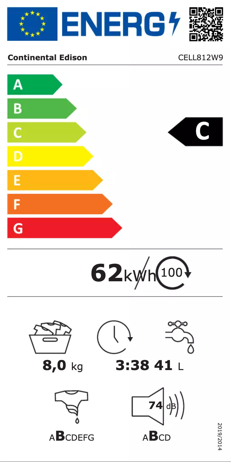 Page 1 de la notice Label énergétique Continental Edison CELL812W9