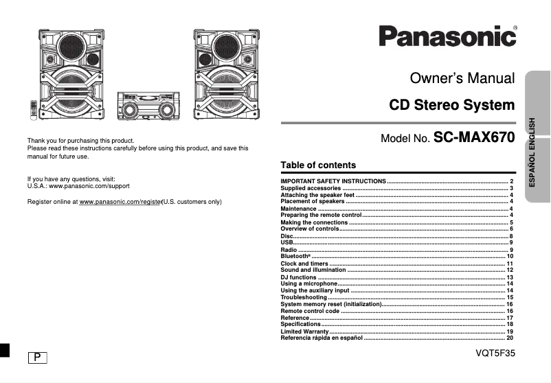Page 1 de la notice Manuel utilisateur Panasonic SC-MAX670