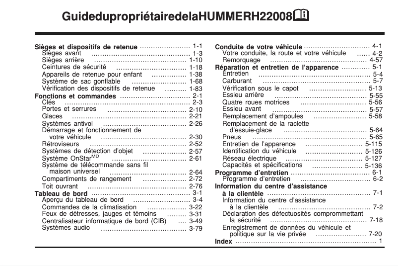 Page n°1 - Manuel utilisateur Hummer H2 (2008)