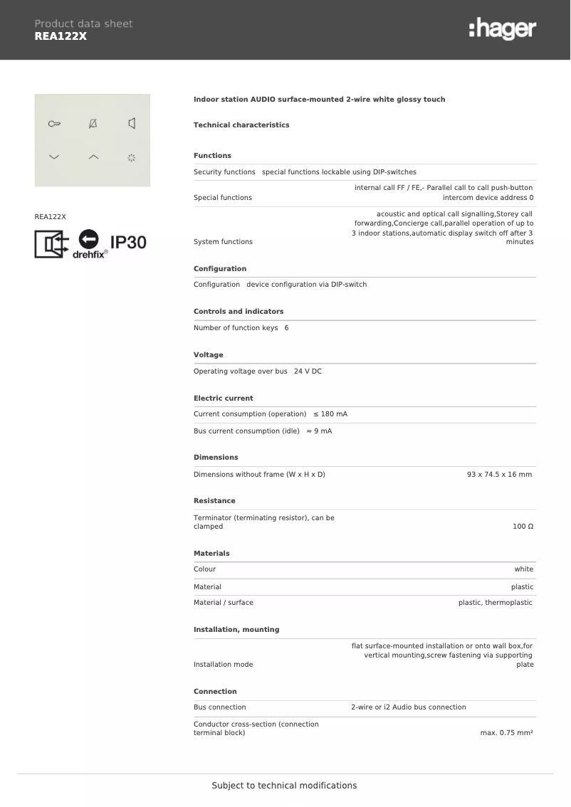 Page n°1 - Fiche technique Hager REA122X