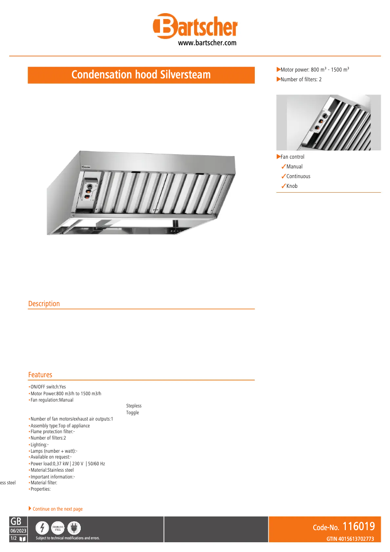 Page n°1 - Fiche technique Bartscher 116019