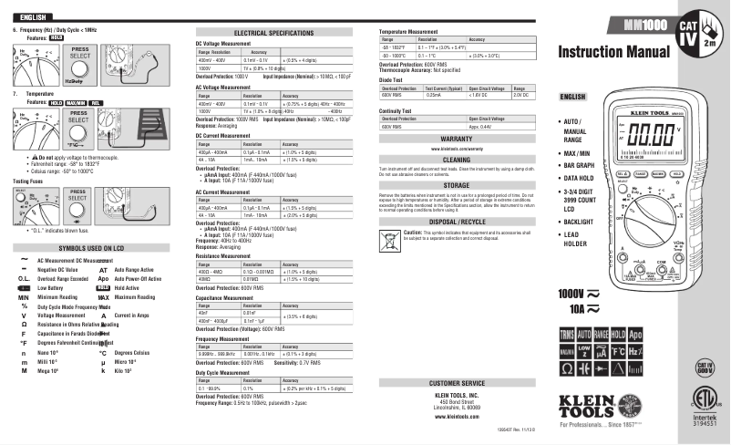 Page n°1 - Manuel utilisateur Klein Tools MM1000