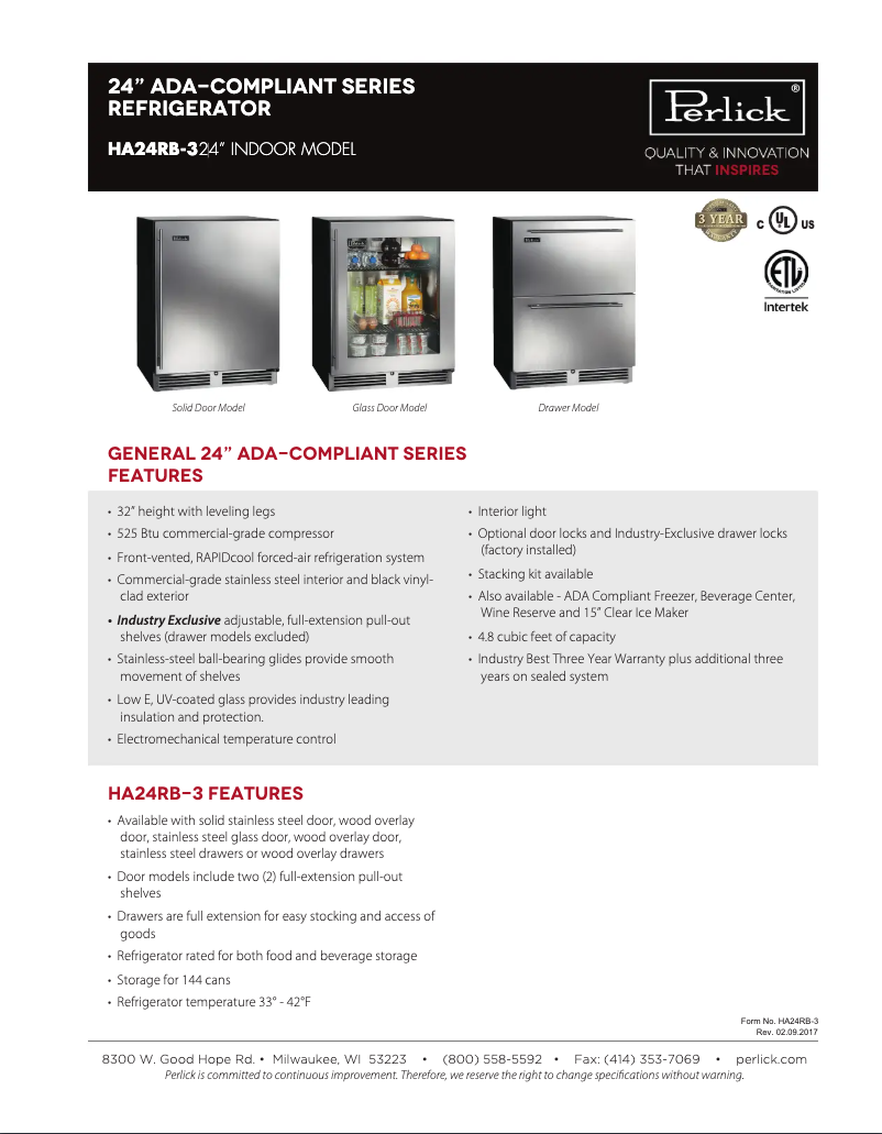 Page n°1 - Fiche technique Perlick HA24RB-3-4
