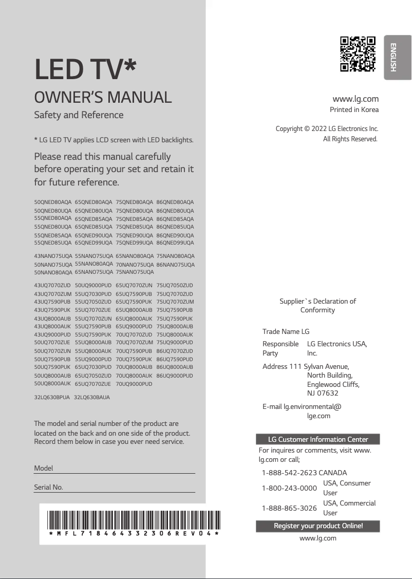 Page 1 de la notice Manuel utilisateur LG 75UQ7070ZUD