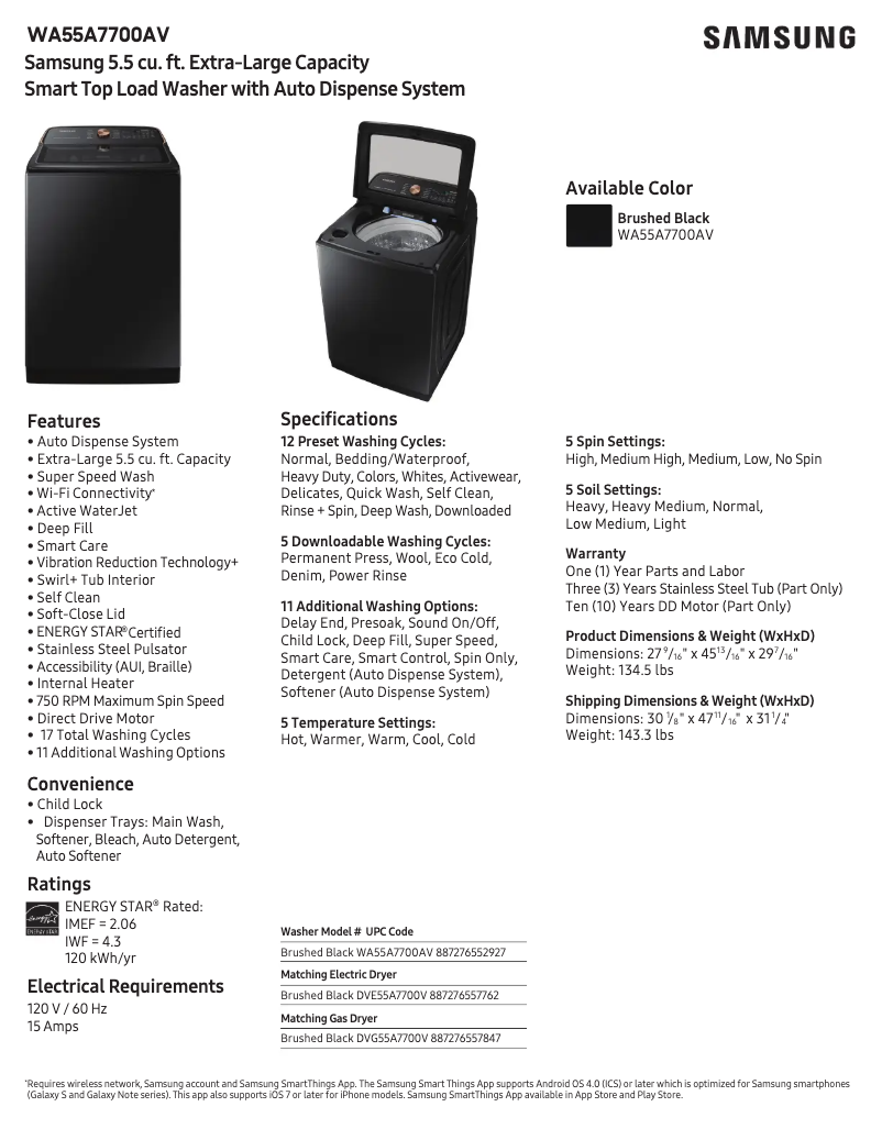Page n°1 - Fiche technique Samsung WA55A7700AV
