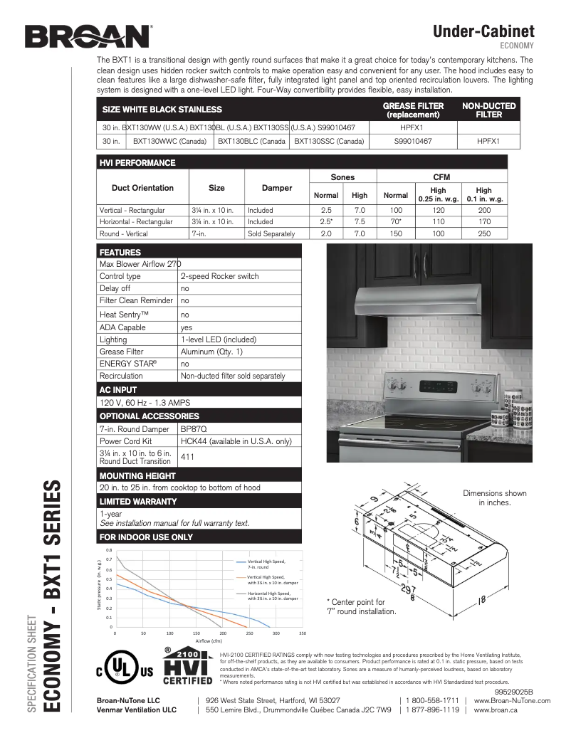 Page 1 de la notice Fiche technique Broan BXT130SS