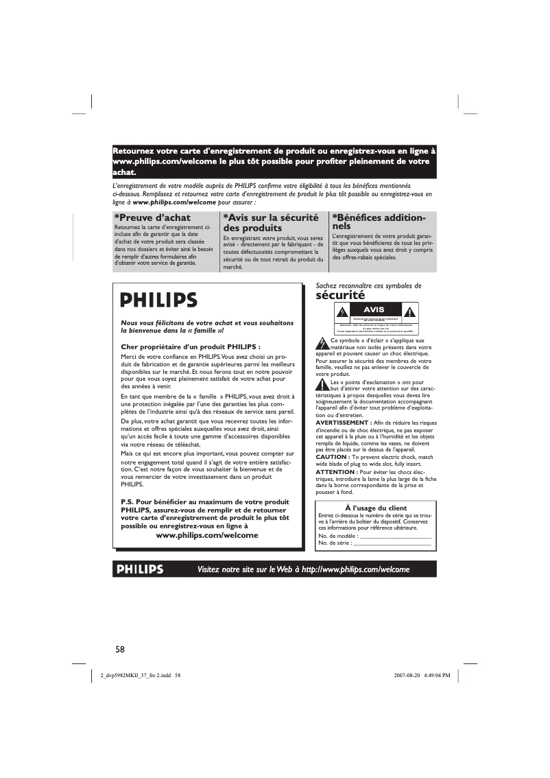 Page 1 de la notice Manuel utilisateur Philips DVP5982